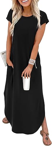Summer Dresses Cap Sleeve Crewneck Maxi Long Casual Dress with Pockets Beach Vacation Sundresses 2026 Trendy