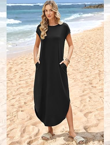 Summer Dresses Cap Sleeve Crewneck Maxi Long Casual Dress with Pockets Beach Vacation Sundresses 2026 Trendy